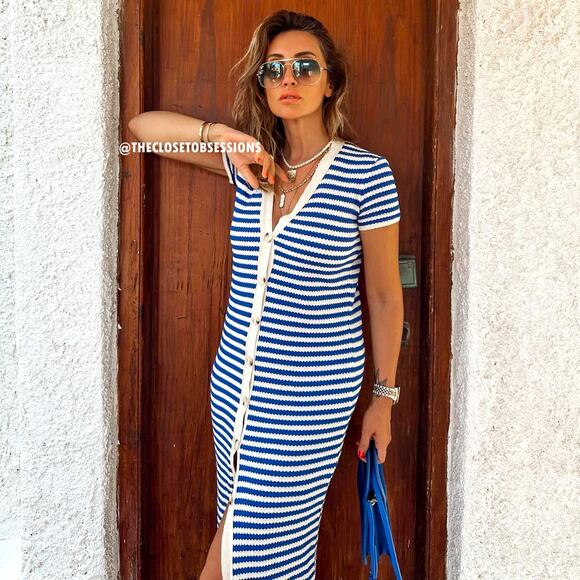 MANGO BLOGGER FAVE!!! Striped Knit Midi Dress NWT | Blue White Size 8 - Picture 7 of 16